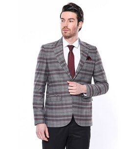 Ekose Desenli Slim Fit Bordo Erkek Ceket - Wessi