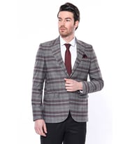 Ekose Desenli Slim Fit Bordo Erkek Ceket - Wessi