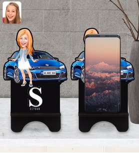 BK Gift Kişiye Özel Plakalı Kadın Volkswagen Scirocco Karikatürlü Ahşap Biblo Telefon Standı-1