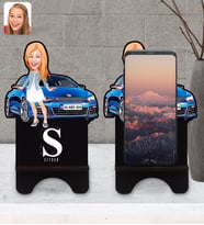 BK Gift Kişiye Özel Plakalı Kadın Volkswagen Scirocco Karikatürlü Ahşap Biblo Telefon Standı-1