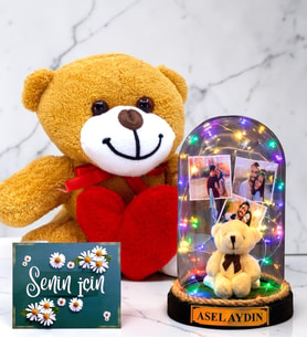 Kişiye Özel Yazılı Fotoğraflı Renkli Led Işıklı Ayıcıklı Fanus ve Kalpli Peluş Ayıcık Hediye Seti