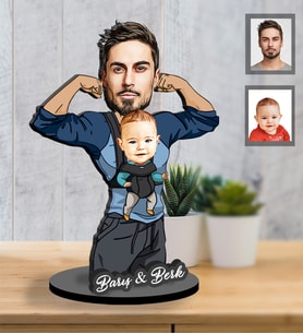 Kişiye Özel Babalar Günü Baba Erkek Bebek Karikatürlü İki Katmanlı Ahşap Biblo Model-1