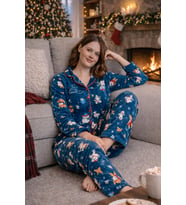 Kışlık Yılbaşı Desenli Kadın Gömlek Polar Pijama Takımı- Geyikli Yılbaşı Pijaması- Büyük Beden Pijama (Yeşil)