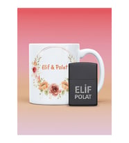 Çiçek Desenli İsimli Kupa Bardak ve Kişiye Özel İsimli Zippo (Siyah - Beyaz)