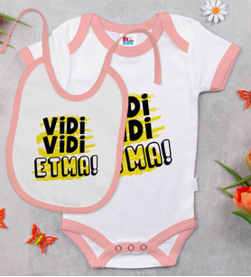 BK Kids Vidi Vidi Etma Tasarımlı Pembe Bebek Body Zıbın ve Mama Önlüğü Hediye Seti-1