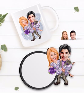 BK Gift Kişiye Özel Sevgililer Karikatürlü Beyaz Kupa ve Ahşap Bardak Altlığı Hediye Seti-56