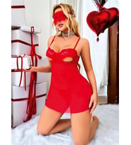 Amora Secret Kırmızı Göğüs Dekolteli Göz Bantlı Fantezi String Tül Gecelik Takımı