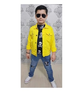 MODAVALS GABARDİN CEKETLİ KURU KAFA TASARIMLI ERKEK ÇOCUK KOT KOMBİN - SARI
