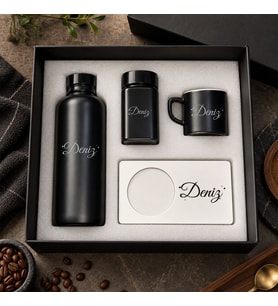 BK Gift Kişiye Özel İsimli Siyah Cam Suluk & Kahve Fincanı & Türk Kahvesi & MDF Bardak Altlığı - Hediye Kutulu Siyah Set-2