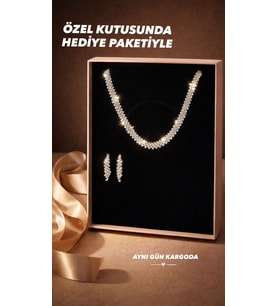 Özel Kutusunda Hediye Paketiyle Melisa  Gümüş Kaplama  Takı Seti Kolye Küpe Hediye Set Düğün Nişan Söz Nikah Takı Seti (Beyaz Gümüş)