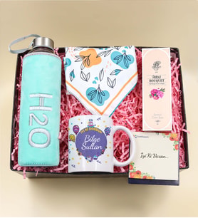 Kişiye Özel Doğum Günü Kupa & Peluş Kılıflı Yeşil Renk Cam Matara & Yaprak Detaylı Fular & Rebul Bouquet Kolonya Hediye Seti