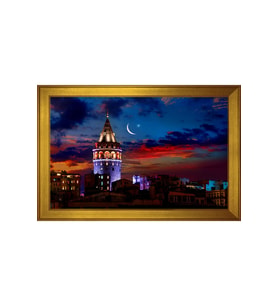 Galata Kulesi ve Gece Motifli Kanvas Tablo 80 x 110 cm Gold Çerçeve