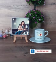 Anneye Hediye Fotoğraflı Dekoratif Taş, Ahşap Altlıklı Türk Kahvesi Fincanı Hediye (Model 2)