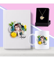 BK Gift Kişiye Özel Papatya Temalı Fotoğraflı Beyaz Defter Kupa ve Papatya Kolye Seti-2 (Model 1)