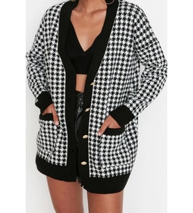 Kadın Modern Tarz Oversize V Yaka Midi Triko Hırka (Siyah)