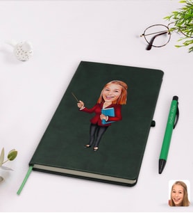 BK Gift Kişiye Özel Kadın Öğretmen Karikatürlü Yeşil Termo Deri Defter Kalem Seti Model 3