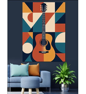 Geometrik Renkli Modern Gitar Tasarımı Dekoratif Kanvas - Mdf Ahşap Tablo