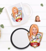 BK Gift Kişiye Özel Kadın Tenis Oyuncusu Karikatürlü Beyaz Kupa ve Ahşap Bardak Altlığı Hediye Seti-2