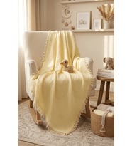 Müslin Püsküllü 4 Katlı Müslin Battaniye 90x120 cm (Sarı)