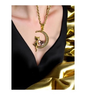 Pembe Taşlı Kedi Figürlü Kadın Kolye – Gold Renk Paslanmaz Çelik, 55 cm Şık ve Sevimli Tasarım (Gümüş)