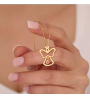 925 Ayar Gümüş Pembe Taşlı Hareli Melek Kolye (Gold)