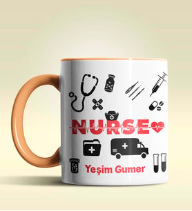 Kişiye Özel Nurse (Hemşire) 2 Tasarımlı Turuncu Kupa Bardak (Turuncu)