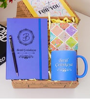 Kişiye Özel Renkli Defter , Mavi Kupa Bardak, Tükenmez Kalem & Hediye Seti