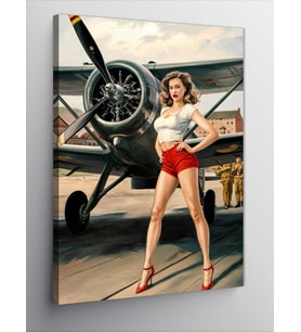 Kanvas Tablo Retro Uçak Ve Pin Up Kızı