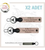 Sürücülere Özel İsim Plaka ve B Rh (-) Kan Grubu Yazılı Hediye, Deri x2 Anahtarlık Set, Yavruağzı-Gr (Çok Renkli)
