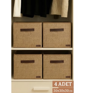 4’lü Jüt Kumaş Dolap İçi Düzenleyici Kutu - 30x30x30 cm Katlanabilir Çok Amaçlı Saklama Kutusu
