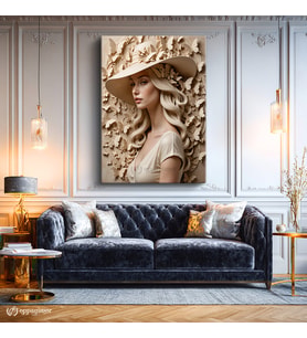 Dikey Kanvas Tablo Kelebekli Şapkalı Kadın Figür Tablosu Ev Ofis Duvar Dekoru
