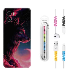 Vivo Y15S Y32 Y33S Y51 Y53S Kılıf Kablo Koruma Spiral Silikon Wolf and Moon 1380