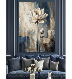 Beyaz Lotus Çiçeği Modern Sanat Dekoratif Kanvas - Mdf Ahşap Tablo