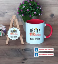 Harita Mühendisi Kupa Bardak Kırmızı ve Ahşap Anahtarlık Hediye (Model 1)