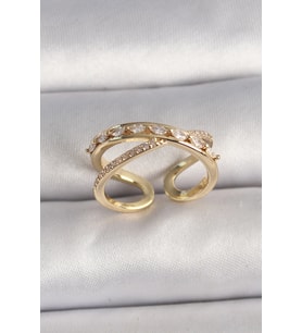 Pirinç Gold Renk Zirkon Taşlı Ayarlanabilir Kadın Yüzük (Altın)