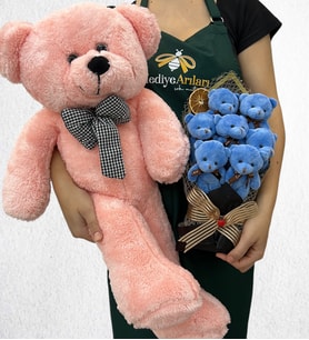 Özel Tasarım 7'li Peluş Ayıcık Buketi ve Büyük Boy Pembe Peluş Ayıcık (Model 5)