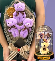 Kişiye Özel Led Işıklı Fanus ve Büyük Boy Mor Peluş Ayıcık Buketi - Premium Hediye Seti (Model 1)