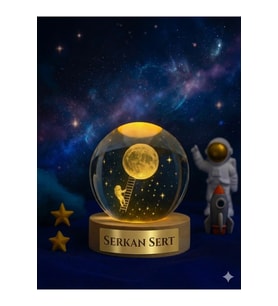 İsime Kişiye Özel Ledli USB Ahşap Standlı Merdivenle Aya Çıkan Astronot Temalı Küre Oda Gece Lambası