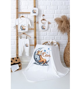 Pia Baby Premium %100 Pamuk İsim Yazılı Erkek Bebek Hastane Çıkışı Battaniyeli Bebek Hediye Seti 5032-04 (Ekru)