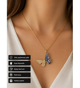 Butterfly Kadın Kolye Paslanmaz Çelik Renkli Kanat Taşlı Hediye