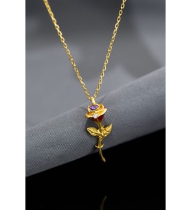 925 Ayar Gümüş Gold Kaplama Zirkon Doğum Taşlı Ve 0,01 Karat Pırlanta Mineli Gül Kolye