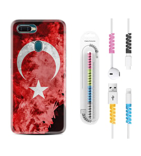 Oppo A5S A15 A16 A54 A55 A73 A74 Kılıf Kablo Koruma Spiral Silikon Şanlı Türk Bayrağı 3 1395