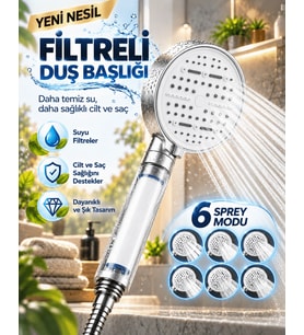 6 Sprey Modlu Filtreli Duş Başlığı Büyük Su Paneli Silikon Nozullu Beyaz Modern Tasarım