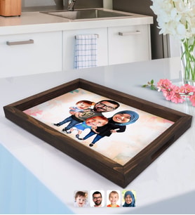BK Gift Kişiye Özel Tesettürlü Aile Karikatürlü Doğal Ahşap Tepsi-3
