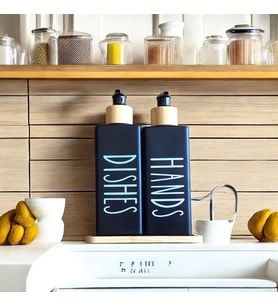 Brokoli Home 2’li Siyah Beyaz Dekoratif Mutfak Banyo Sıvı Cam Sabunluk Seti 300ml Bambu Stantlı Set (Standart)