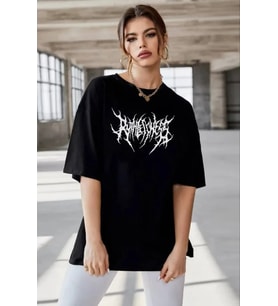 pilelistore- Unisex Bisiklet Yaka Baskılı Oversize T-Shirt - Siyah