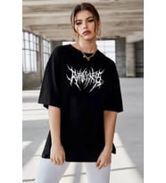 pilelistore- Unisex Bisiklet Yaka Baskılı Oversize T-Shirt - Siyah
