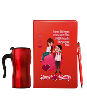 Sevgililer Gününe Özel Deri Kırmızı Defter Kalem & Termos Mug Hediye Seti 35