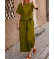 Keten Günlük Rahat Beli Lastikli Kadın İkili Takım Alt Üst (Haki)