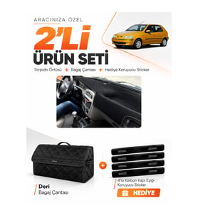 FIAT PALİO (1999-2005) Uyumlu Torpido Örtüsü + Deri Bagaj Çantası + Sticker Seti - Siyah